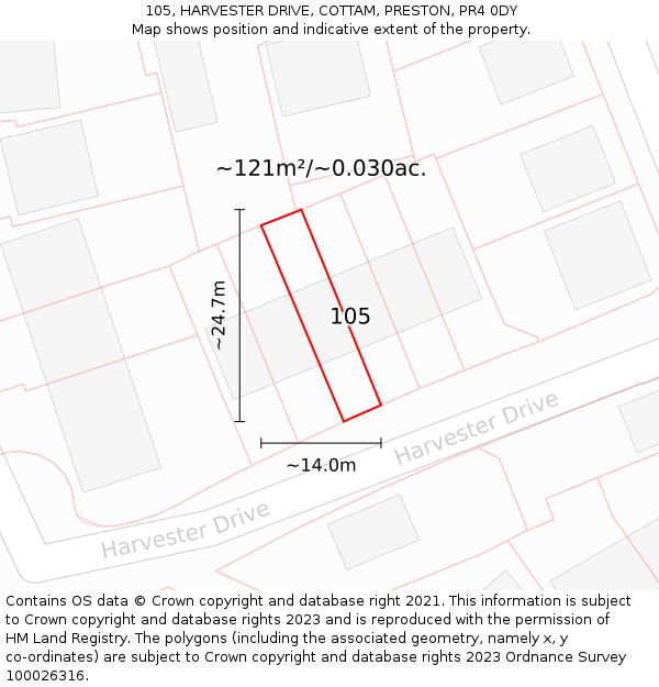 105, HARVESTER DRIVE, COTTAM, PRESTON, PR4 0DY: Plot and title map