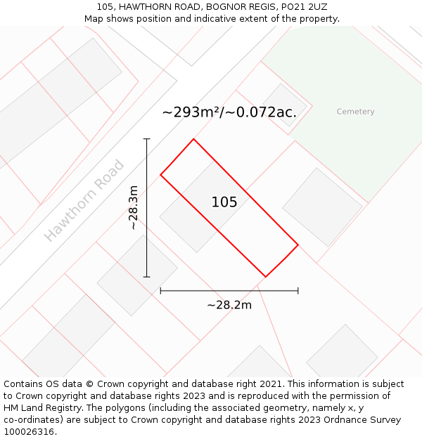 105, HAWTHORN ROAD, BOGNOR REGIS, PO21 2UZ: Plot and title map