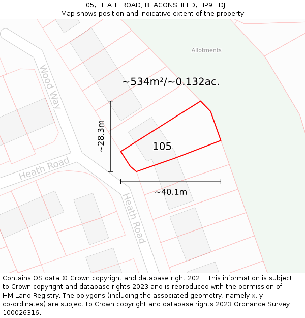 105, HEATH ROAD, BEACONSFIELD, HP9 1DJ: Plot and title map