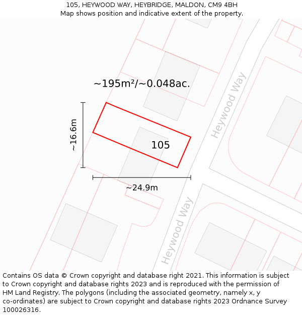 105, HEYWOOD WAY, HEYBRIDGE, MALDON, CM9 4BH: Plot and title map