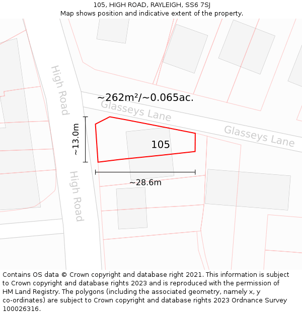 105, HIGH ROAD, RAYLEIGH, SS6 7SJ: Plot and title map