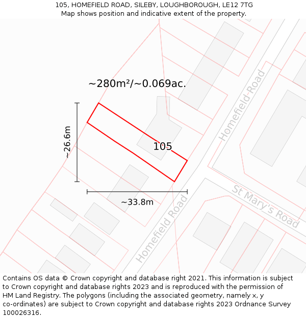 105, HOMEFIELD ROAD, SILEBY, LOUGHBOROUGH, LE12 7TG: Plot and title map