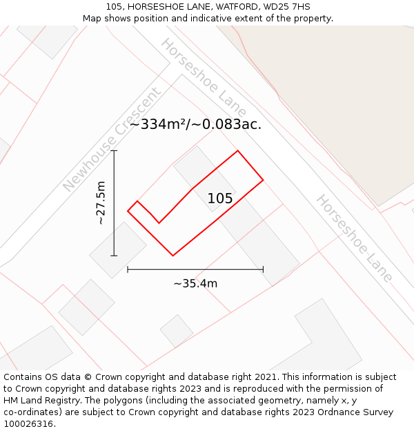 105, HORSESHOE LANE, WATFORD, WD25 7HS: Plot and title map