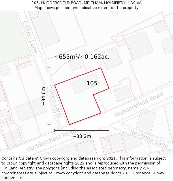 105, HUDDERSFIELD ROAD, MELTHAM, HOLMFIRTH, HD9 4AJ: Plot and title map