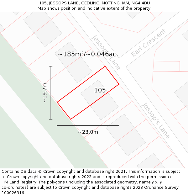 105, JESSOPS LANE, GEDLING, NOTTINGHAM, NG4 4BU: Plot and title map