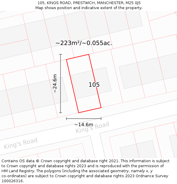 105, KINGS ROAD, PRESTWICH, MANCHESTER, M25 0JS: Plot and title map