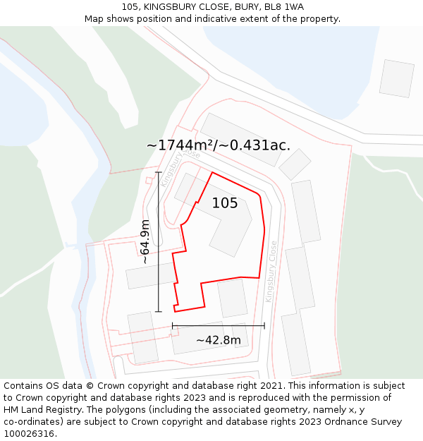 105, KINGSBURY CLOSE, BURY, BL8 1WA: Plot and title map