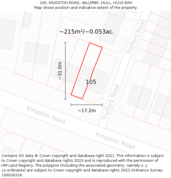 105, KINGSTON ROAD, WILLERBY, HULL, HU10 6AH: Plot and title map