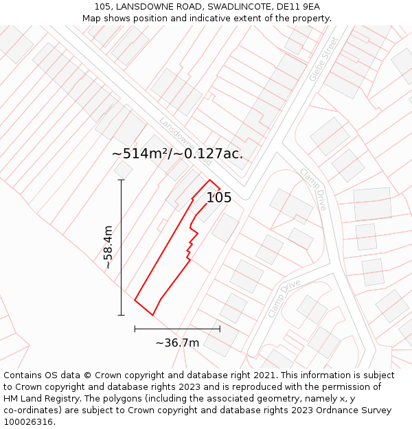 105, LANSDOWNE ROAD, SWADLINCOTE, DE11 9EA: Plot and title map