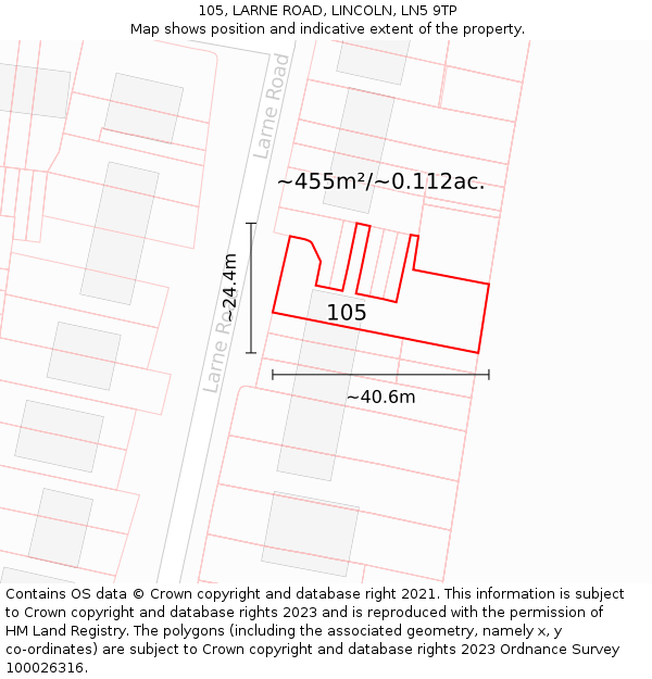 105, LARNE ROAD, LINCOLN, LN5 9TP: Plot and title map