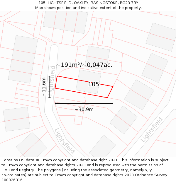 105, LIGHTSFIELD, OAKLEY, BASINGSTOKE, RG23 7BY: Plot and title map