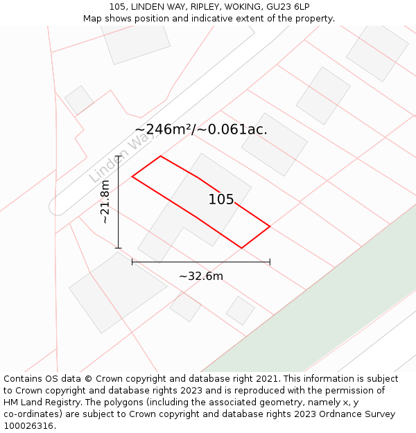 105, LINDEN WAY, RIPLEY, WOKING, GU23 6LP: Plot and title map