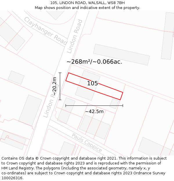 105, LINDON ROAD, WALSALL, WS8 7BH: Plot and title map