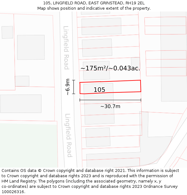 105, LINGFIELD ROAD, EAST GRINSTEAD, RH19 2EL: Plot and title map