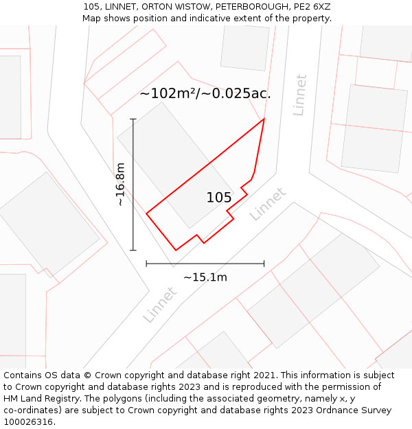 105, LINNET, ORTON WISTOW, PETERBOROUGH, PE2 6XZ: Plot and title map