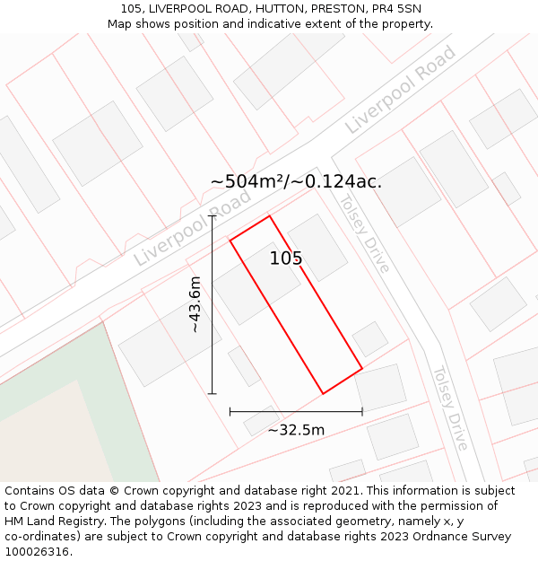 105, LIVERPOOL ROAD, HUTTON, PRESTON, PR4 5SN: Plot and title map