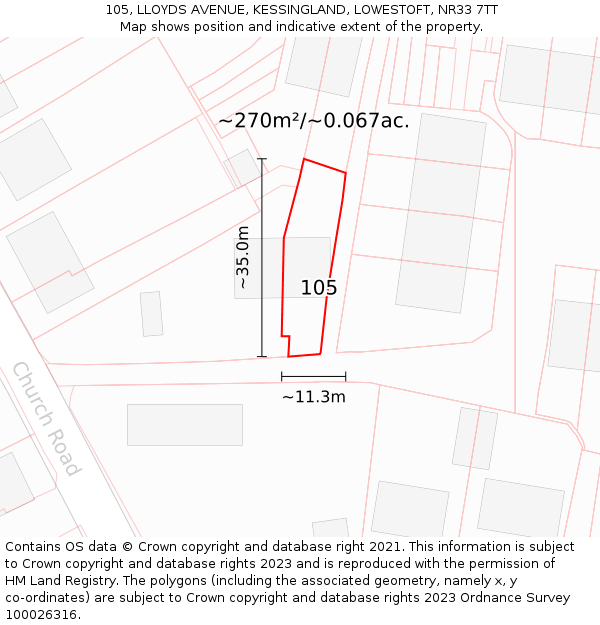 105, LLOYDS AVENUE, KESSINGLAND, LOWESTOFT, NR33 7TT: Plot and title map