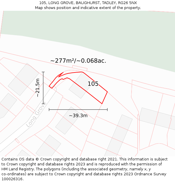 105, LONG GROVE, BAUGHURST, TADLEY, RG26 5NX: Plot and title map