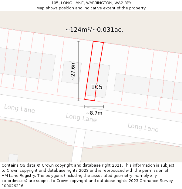 105, LONG LANE, WARRINGTON, WA2 8PY: Plot and title map