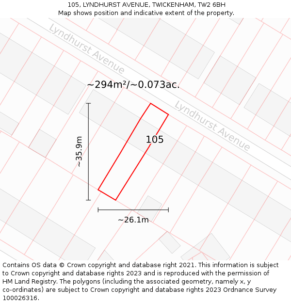 105, LYNDHURST AVENUE, TWICKENHAM, TW2 6BH: Plot and title map