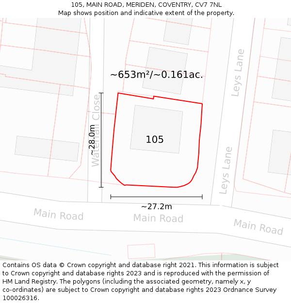 105, MAIN ROAD, MERIDEN, COVENTRY, CV7 7NL: Plot and title map