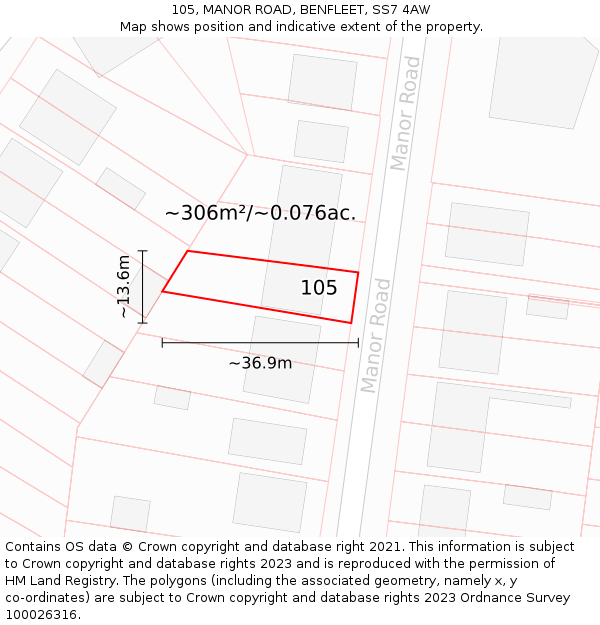 105, MANOR ROAD, BENFLEET, SS7 4AW: Plot and title map