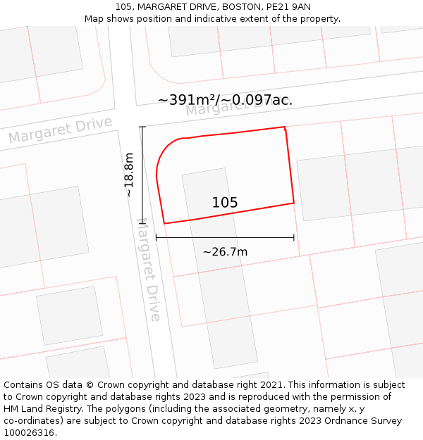 105, MARGARET DRIVE, BOSTON, PE21 9AN: Plot and title map