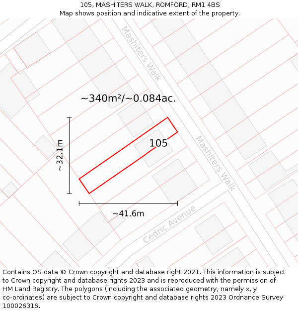 105, MASHITERS WALK, ROMFORD, RM1 4BS: Plot and title map