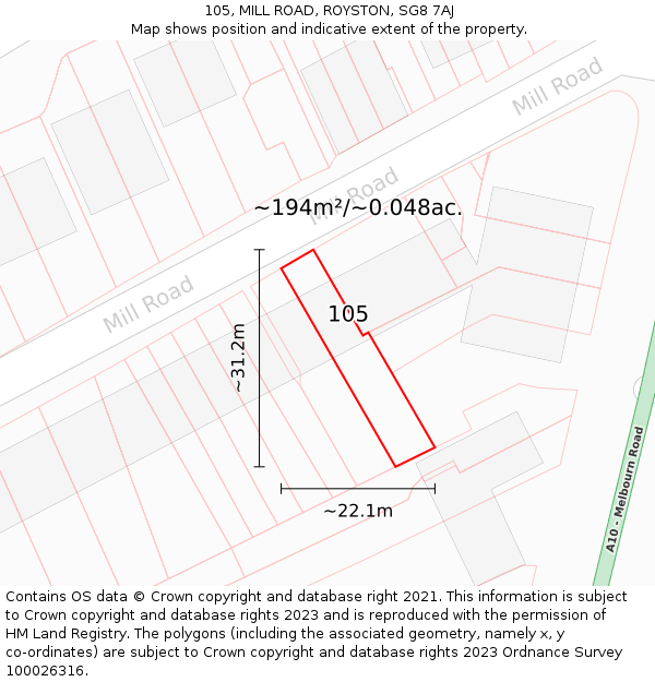 105, MILL ROAD, ROYSTON, SG8 7AJ: Plot and title map