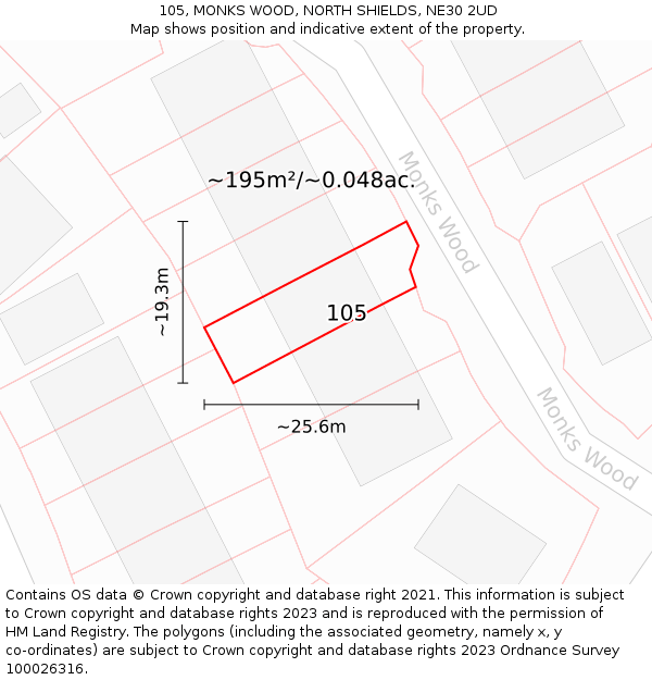 105, MONKS WOOD, NORTH SHIELDS, NE30 2UD: Plot and title map