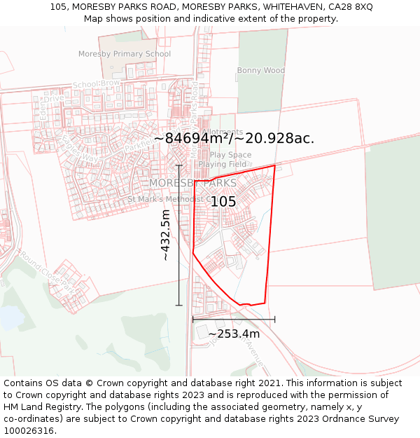105, MORESBY PARKS ROAD, MORESBY PARKS, WHITEHAVEN, CA28 8XQ: Plot and title map
