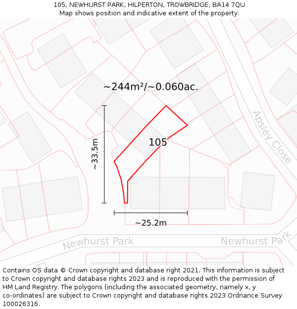 105, NEWHURST PARK, HILPERTON, TROWBRIDGE, BA14 7QU: Plot and title map