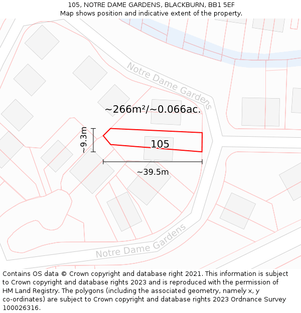 105, NOTRE DAME GARDENS, BLACKBURN, BB1 5EF: Plot and title map