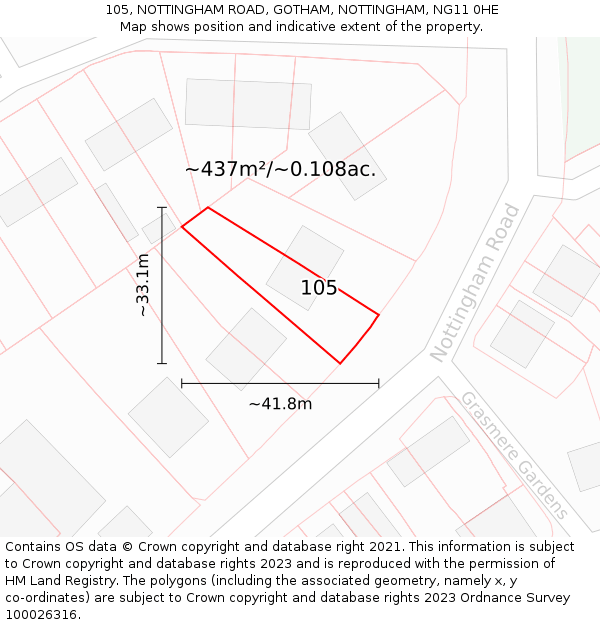 105, NOTTINGHAM ROAD, GOTHAM, NOTTINGHAM, NG11 0HE: Plot and title map