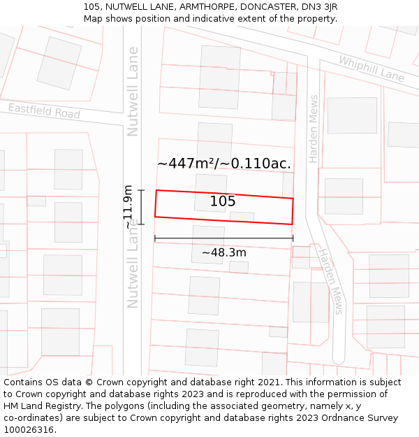 105, NUTWELL LANE, ARMTHORPE, DONCASTER, DN3 3JR: Plot and title map