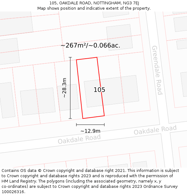 105, OAKDALE ROAD, NOTTINGHAM, NG3 7EJ: Plot and title map