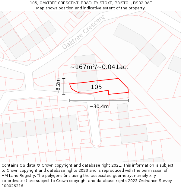 105, OAKTREE CRESCENT, BRADLEY STOKE, BRISTOL, BS32 9AE: Plot and title map