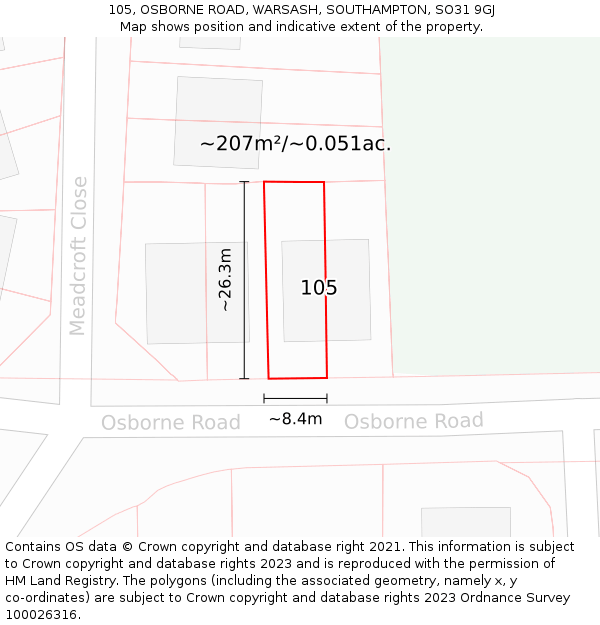 105, OSBORNE ROAD, WARSASH, SOUTHAMPTON, SO31 9GJ: Plot and title map