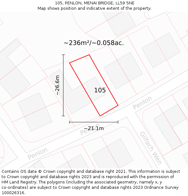 105, PENLON, MENAI BRIDGE, LL59 5NE: Plot and title map