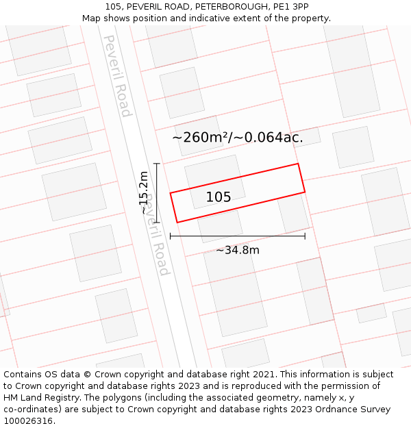 105, PEVERIL ROAD, PETERBOROUGH, PE1 3PP: Plot and title map