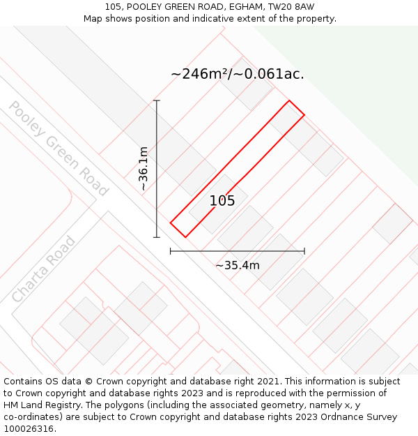 105, POOLEY GREEN ROAD, EGHAM, TW20 8AW: Plot and title map