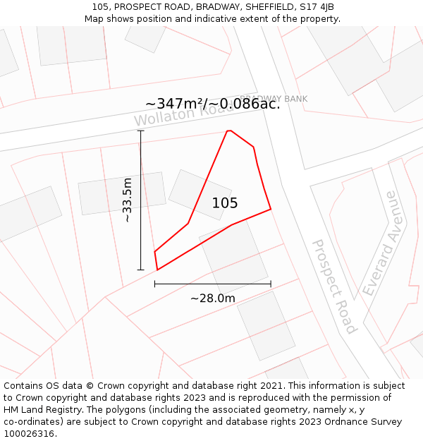 105, PROSPECT ROAD, BRADWAY, SHEFFIELD, S17 4JB: Plot and title map