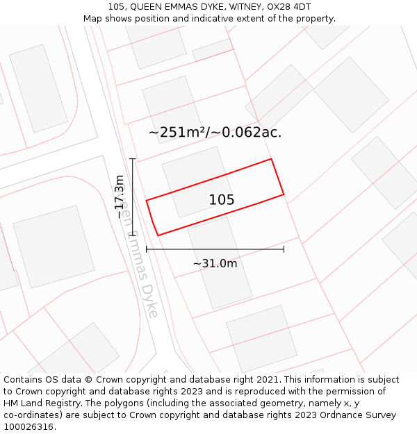 105, QUEEN EMMAS DYKE, WITNEY, OX28 4DT: Plot and title map