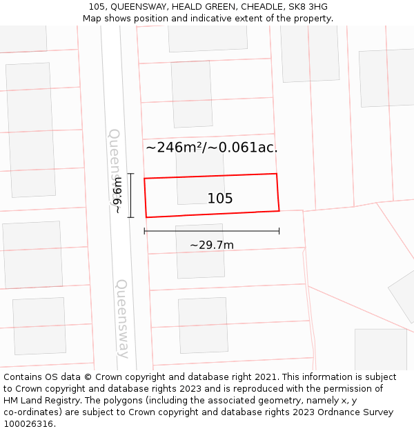 105, QUEENSWAY, HEALD GREEN, CHEADLE, SK8 3HG: Plot and title map