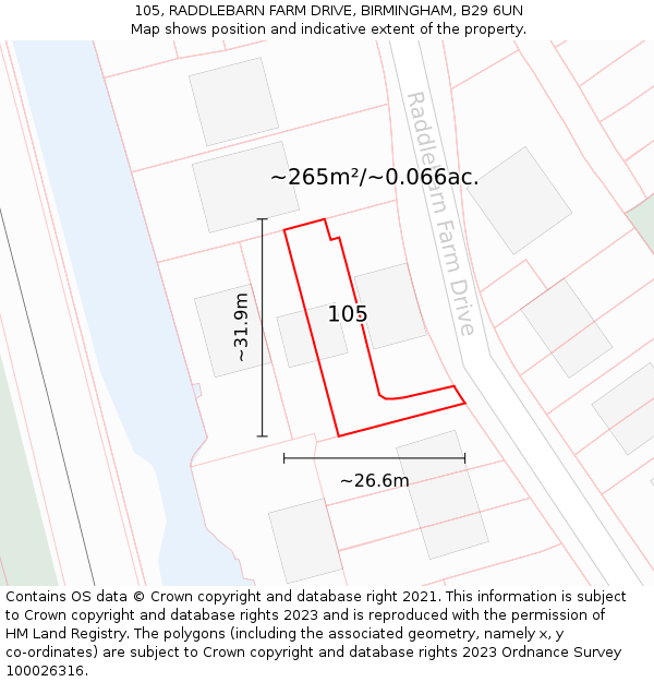 105, RADDLEBARN FARM DRIVE, BIRMINGHAM, B29 6UN: Plot and title map