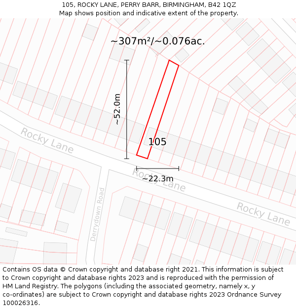 105, ROCKY LANE, PERRY BARR, BIRMINGHAM, B42 1QZ: Plot and title map