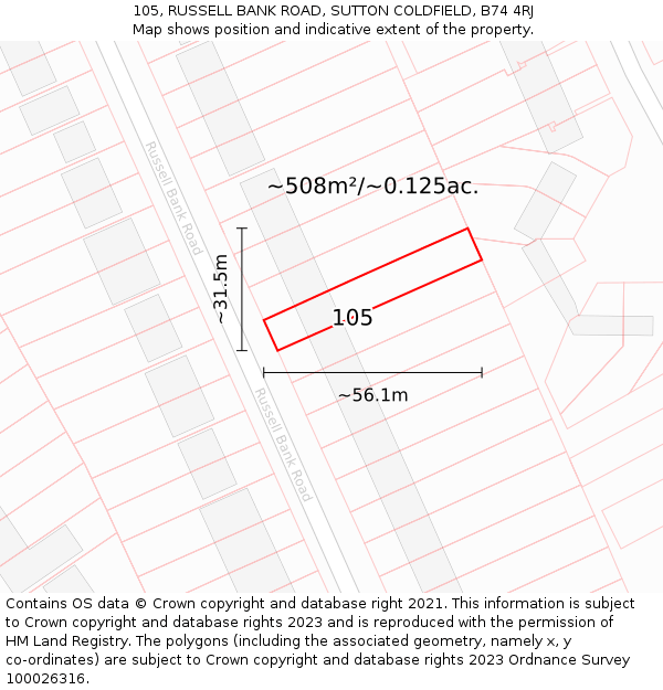 105, RUSSELL BANK ROAD, SUTTON COLDFIELD, B74 4RJ: Plot and title map