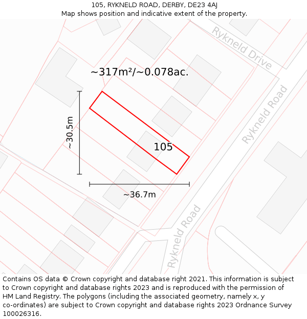 105, RYKNELD ROAD, DERBY, DE23 4AJ: Plot and title map