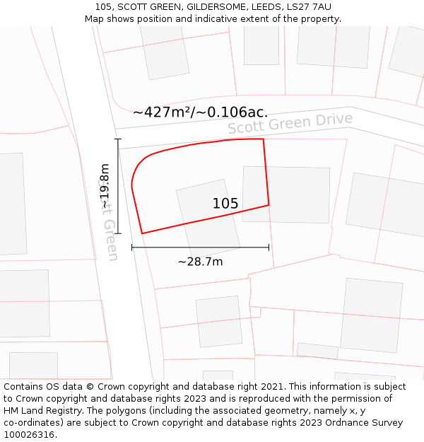 105, SCOTT GREEN, GILDERSOME, LEEDS, LS27 7AU: Plot and title map