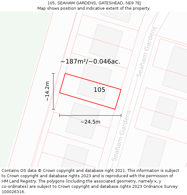 105, SEAHAM GARDENS, GATESHEAD, NE9 7EJ: Plot and title map